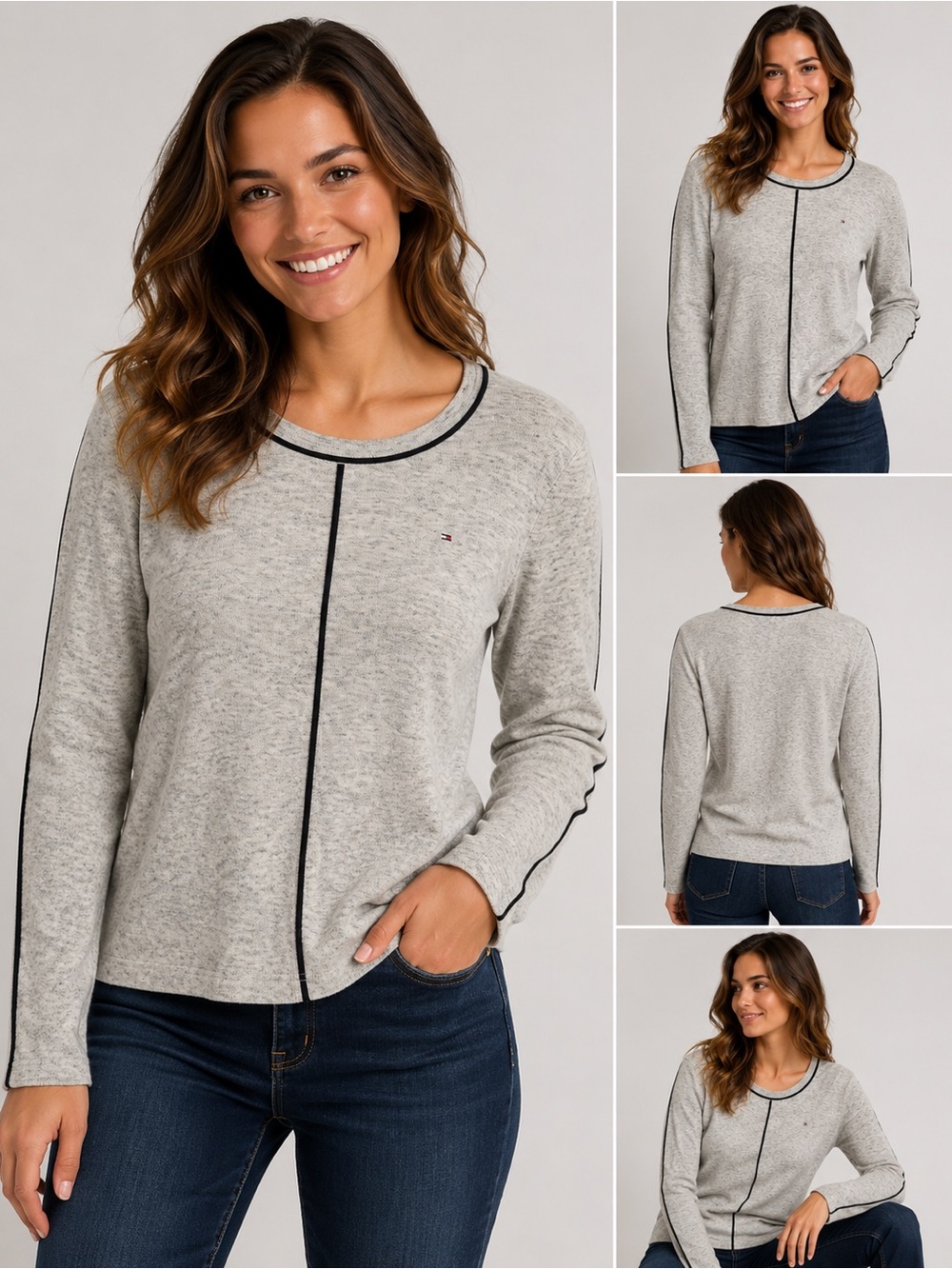 Tommy Hilfiger crewneck sweater gray black piping details See Measurements